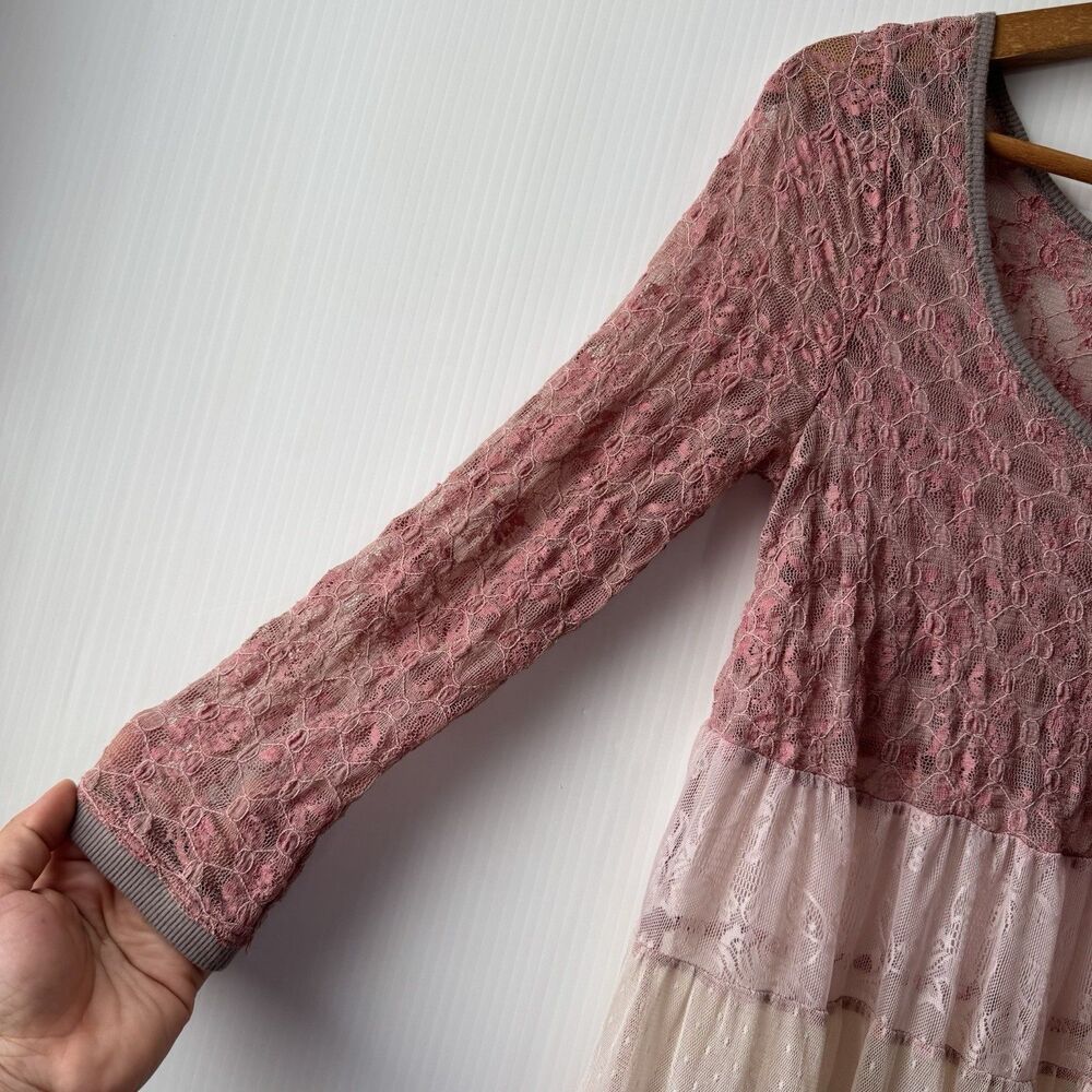 Free People Women XS Pink Lace Tiered Babydoll Tunic Top Boho Fairy Y2K Romantic - Picture 10 of 16